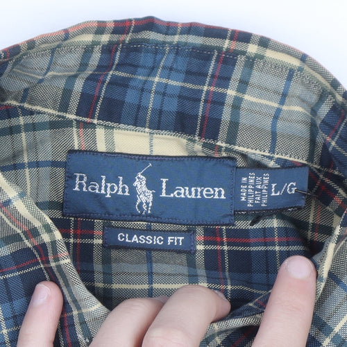 Ralph Lauren Men's Beige Blue Plaid Classic Fit Button-Up Shirt L