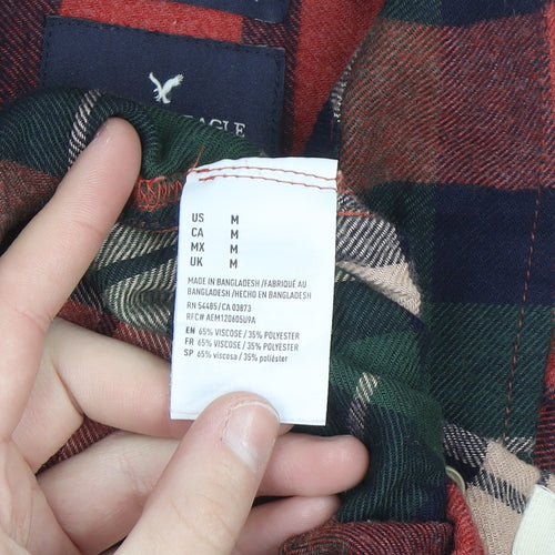 American Eagle Men Red Green Plaid Flannel Button-Up Shirt Medium
