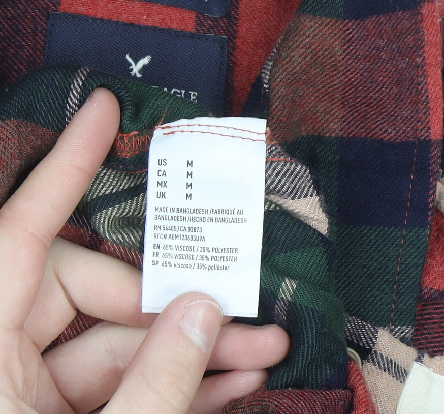 American Eagle Men Red Green Plaid Flannel Button-Up Shirt Medium