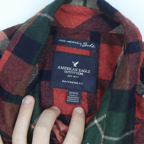 American Eagle Men Red Green Plaid Flannel Button-Up Shirt Medium