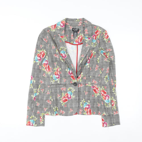 Soho Apparel Women Grey Floral Check Single-Breasted Blazer Size S