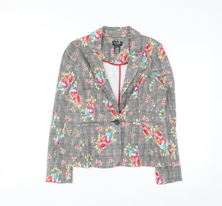 Soho Apparel Women Grey Floral Check Single-Breasted Blazer Size S