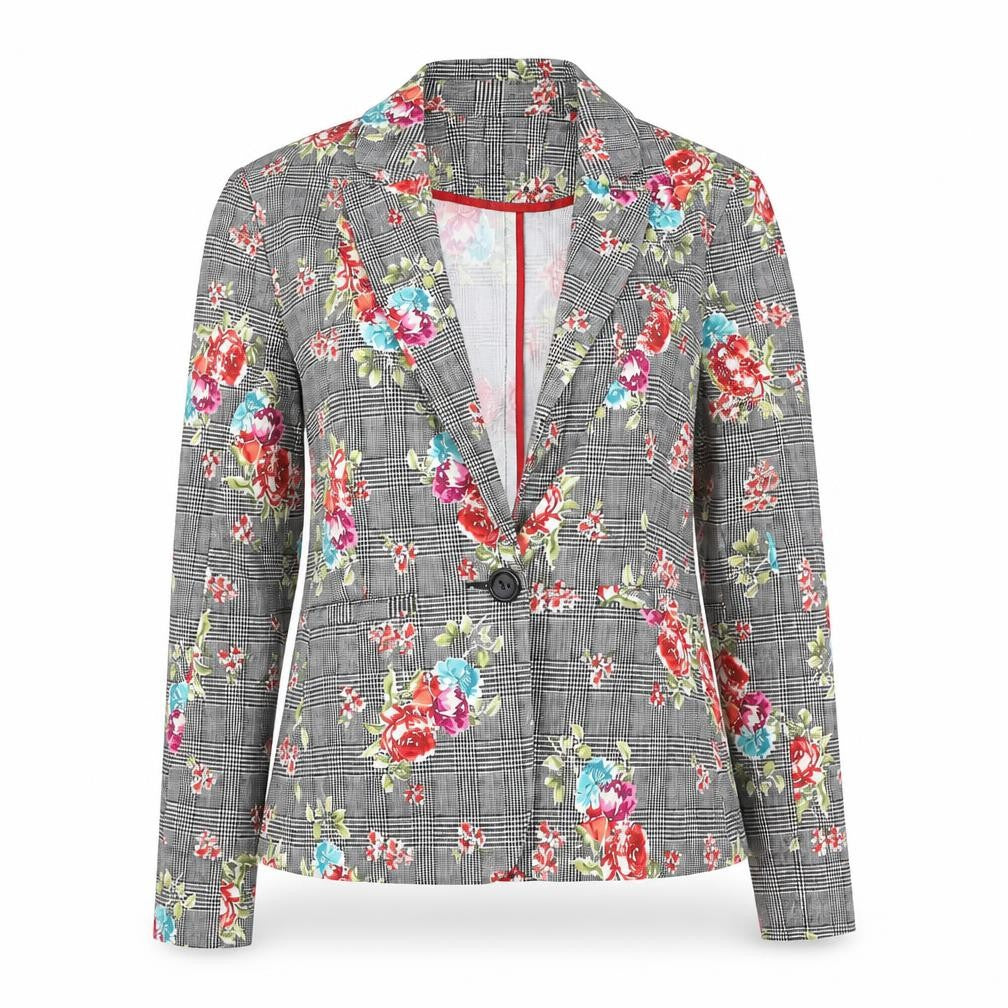 Soho Apparel Women Grey Floral Check Single-Breasted Blazer Size S