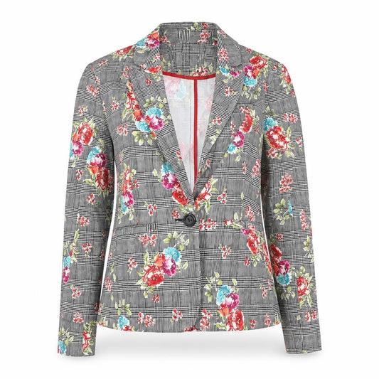 Soho Apparel Women Grey Floral Check Single-Breasted Blazer Size S