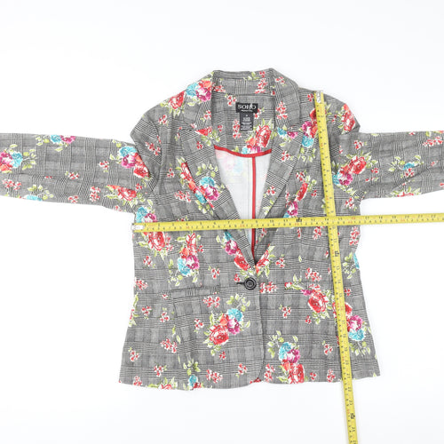 Soho Apparel Women Grey Floral Check Single-Breasted Blazer Size S