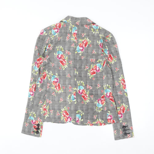 Soho Apparel Women Grey Floral Check Single-Breasted Blazer Size S