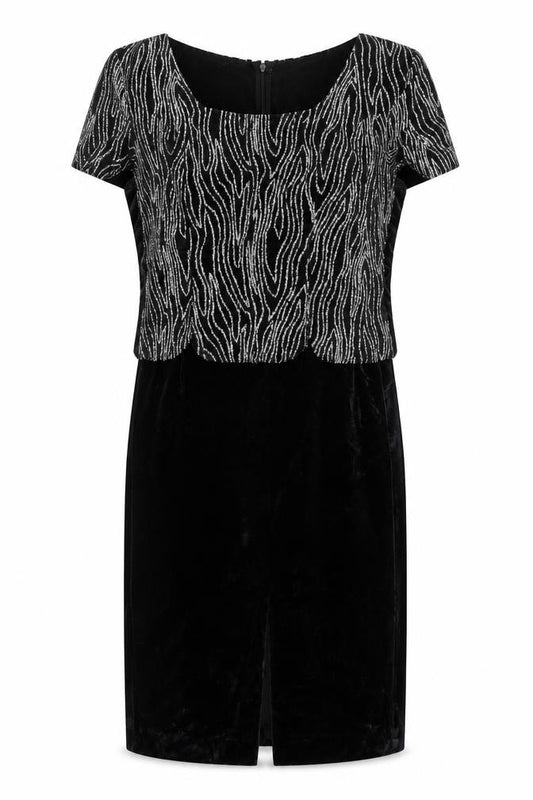 Front view of Joseph Ribkoff Women’s Black Velvet Sheath Dress, size UK 10, Short Sleeve Party Cocktail
