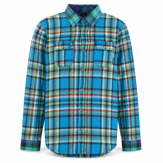 Front view of Burton Men's Blue Plaid Flannel Button-Up Shirt, size M
