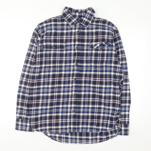 JACHS Men's Blue Plaid Flannel Button-Up Long Sleeve Shirt L