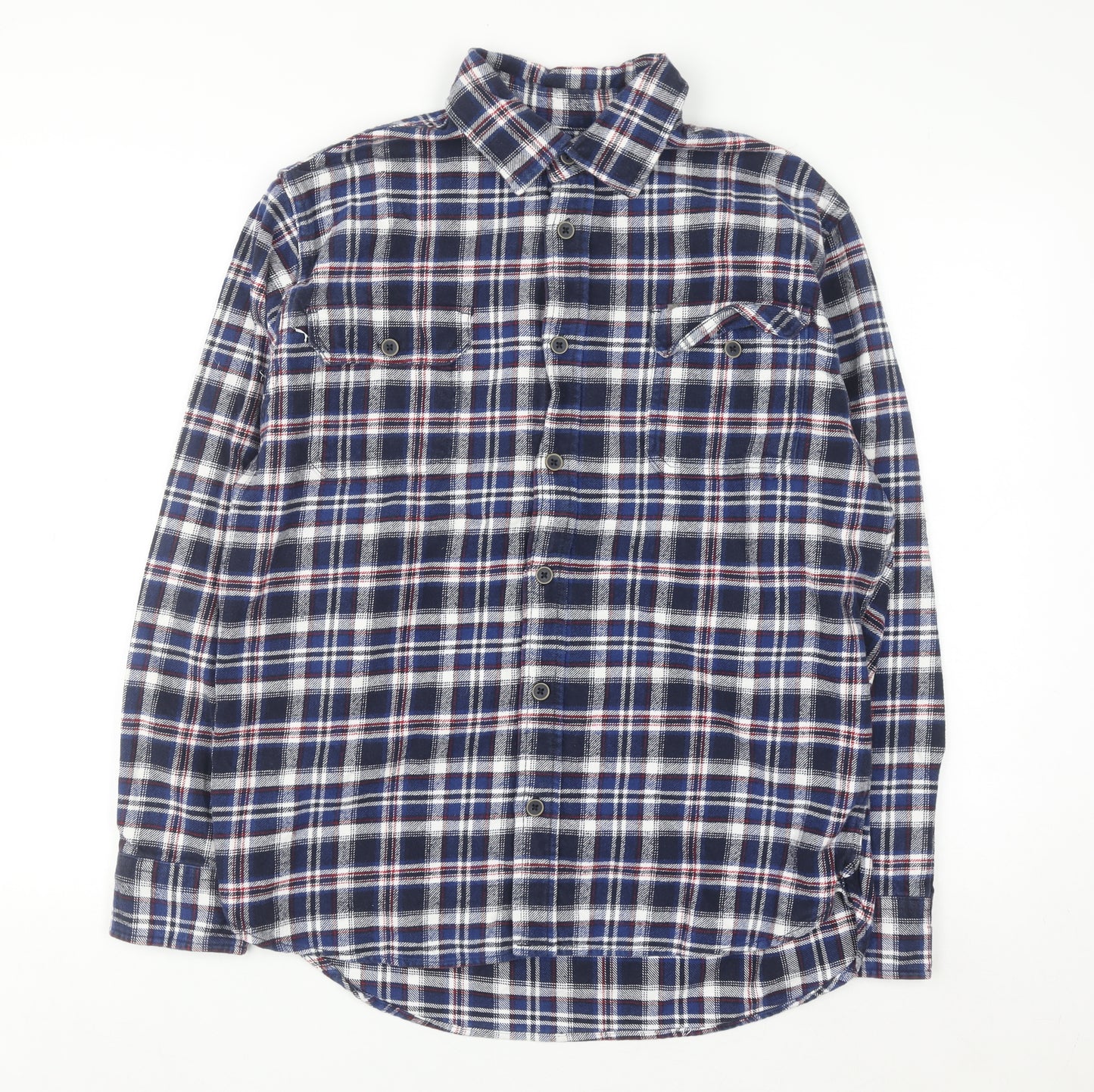 JACHS Men's Blue Plaid Flannel Button-Up Long Sleeve Shirt L