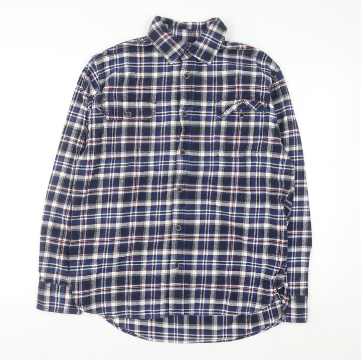 JACHS Men's Blue Plaid Flannel Button-Up Long Sleeve Shirt L
