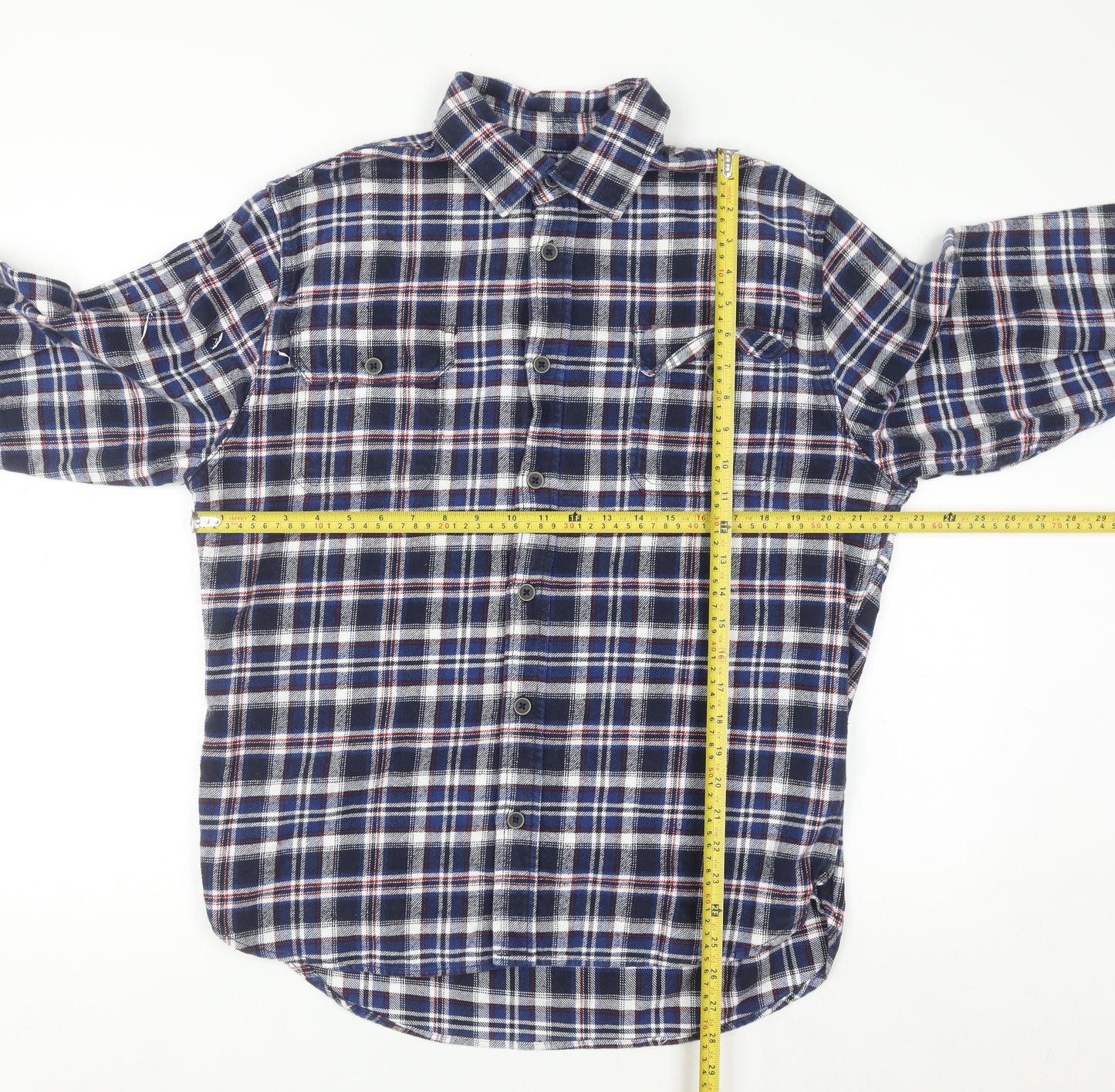 JACHS Men's Blue Plaid Flannel Button-Up Long Sleeve Shirt L