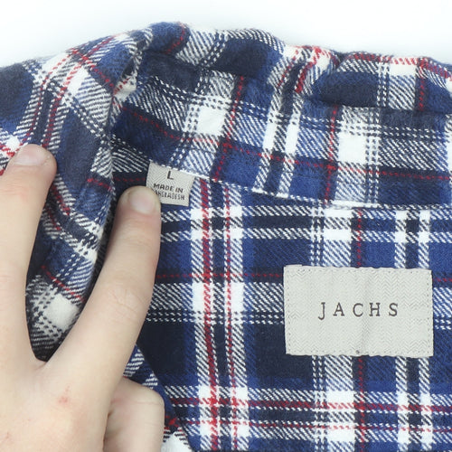 JACHS Men's Blue Plaid Flannel Button-Up Long Sleeve Shirt L