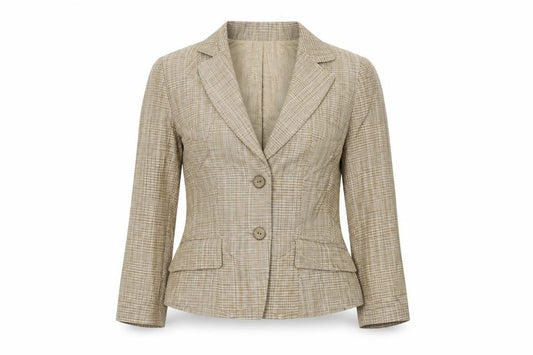 Front view of Carlisle Women Beige Checked Silk Two-Button Suit Jacket UK 8