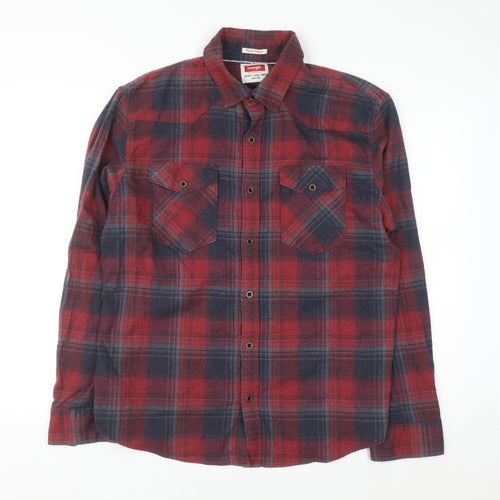 Wrangler Men's Red & Navy Check Flannel Long Sleeve Button-Up Shirt Size L