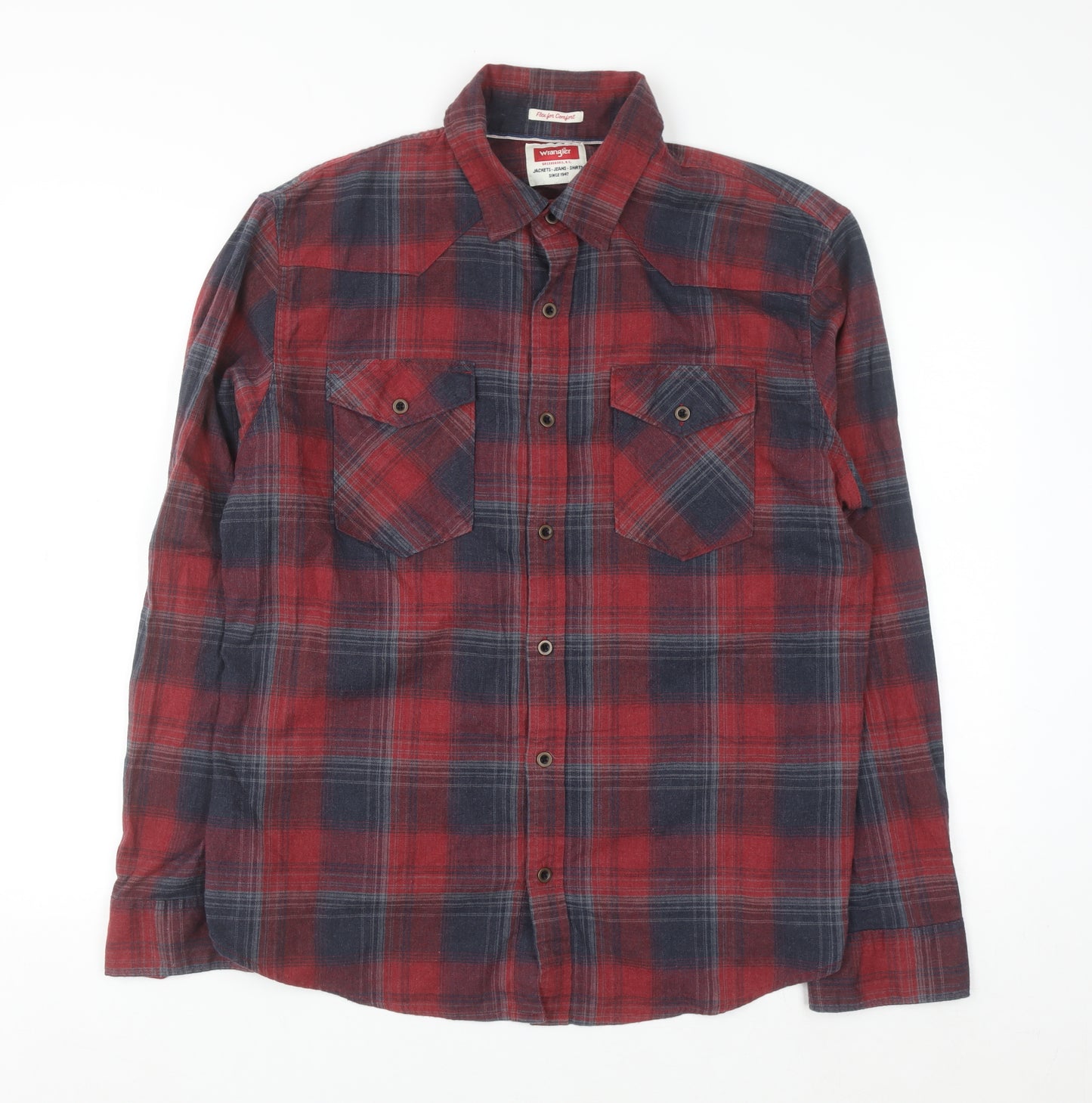 Wrangler Men's Red & Navy Check Flannel Long Sleeve Button-Up Shirt Size L