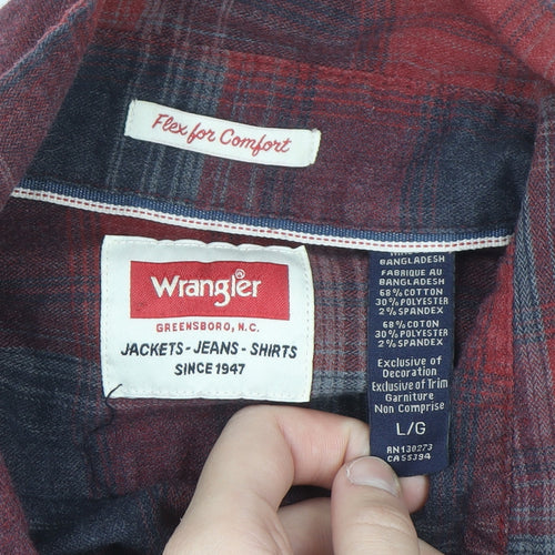 Wrangler Men's Red & Navy Check Flannel Long Sleeve Button-Up Shirt Size L