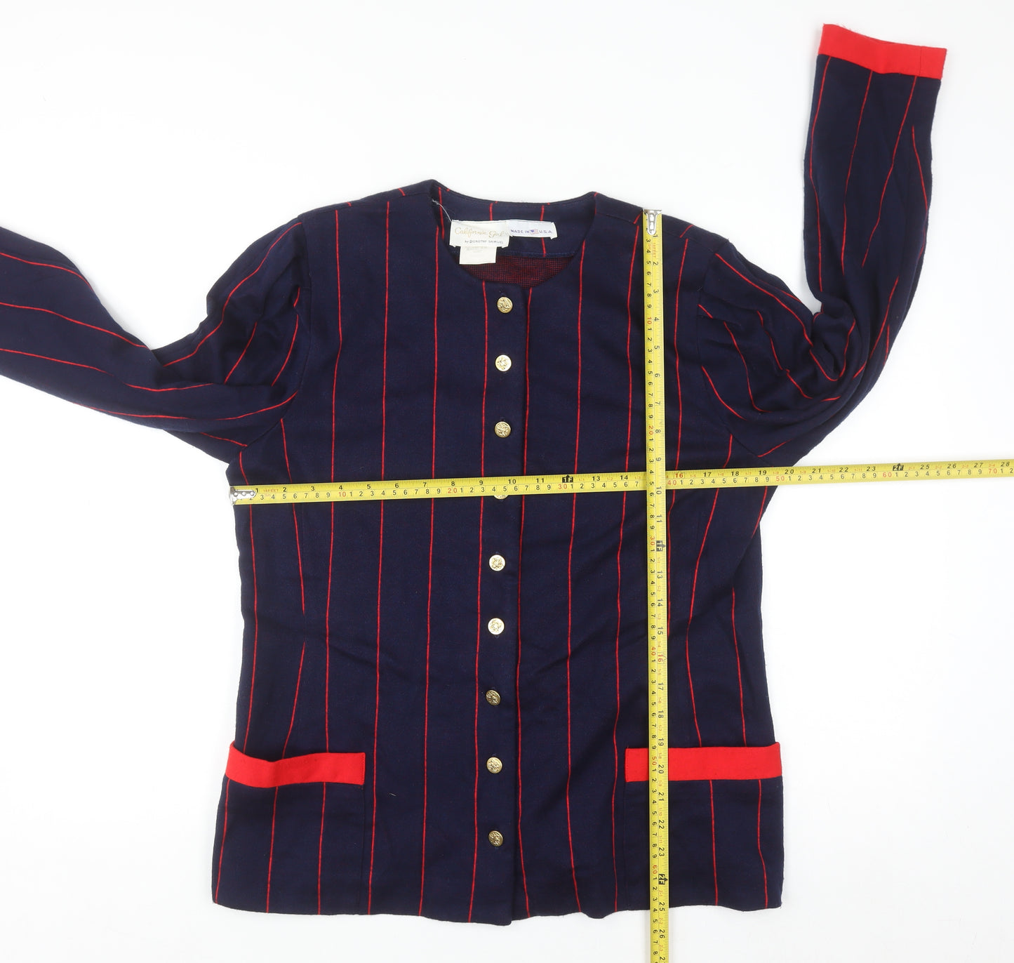California Girl by Dorothy Samuel Navy Red Striped Jacket Women Size 14 Classic Long Sleeve Blazer