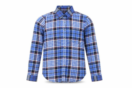 Front view of Vintage Men's Blue Plaid Flannel Button-Up Shirt S