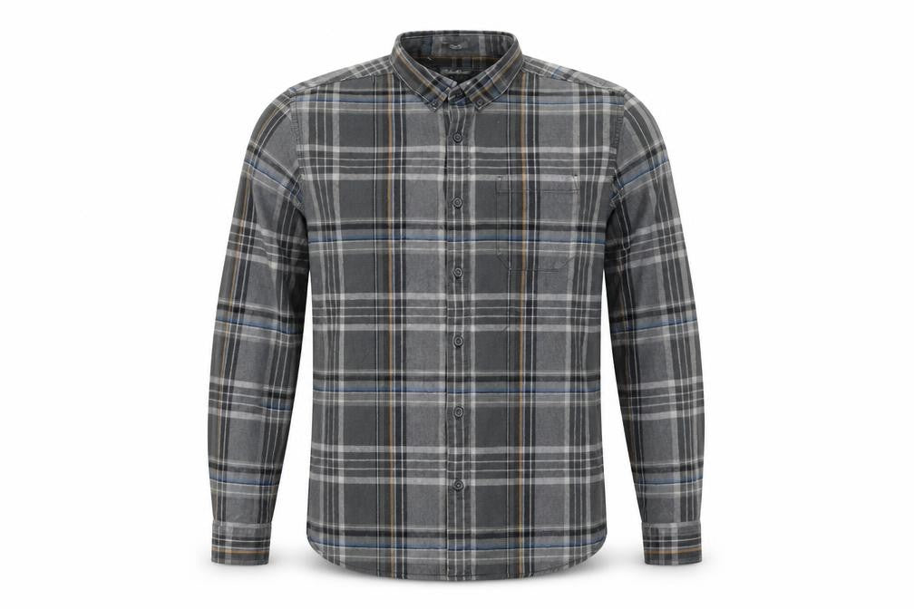 Front view of Eddie Bauer Men's Grey Checked Flannel Button-Up Shirt L Classic Fit