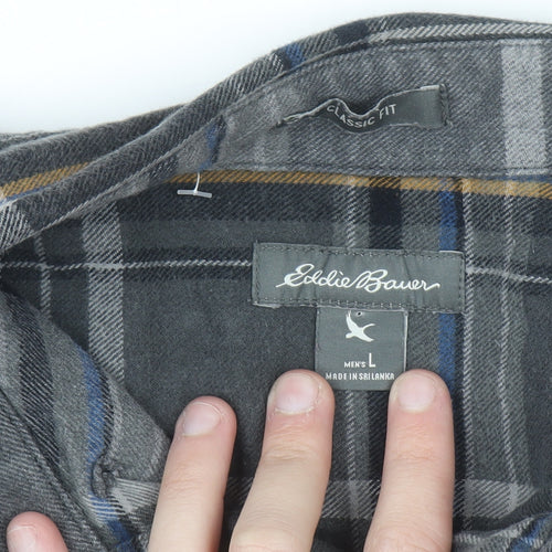 Eddie Bauer Men's Grey Checked Flannel Button-Up Shirt L Classic Fit