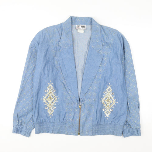 City Girl by Nancy Bolen Women’s Blue Embroidered Cotton Bomber Jacket Size 10