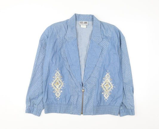 City Girl by Nancy Bolen Women’s Blue Embroidered Cotton Bomber Jacket Size 10