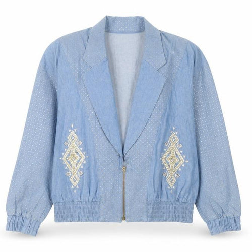 City Girl by Nancy Bolen Women’s Blue Embroidered Cotton Bomber Jacket Size 10
