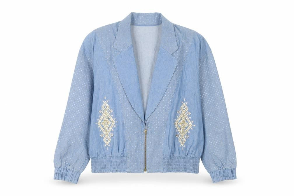 City Girl by Nancy Bolen Women’s Blue Embroidered Cotton Bomber Jacket Size 10
