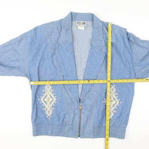 City Girl by Nancy Bolen Women’s Blue Embroidered Cotton Bomber Jacket Size 10