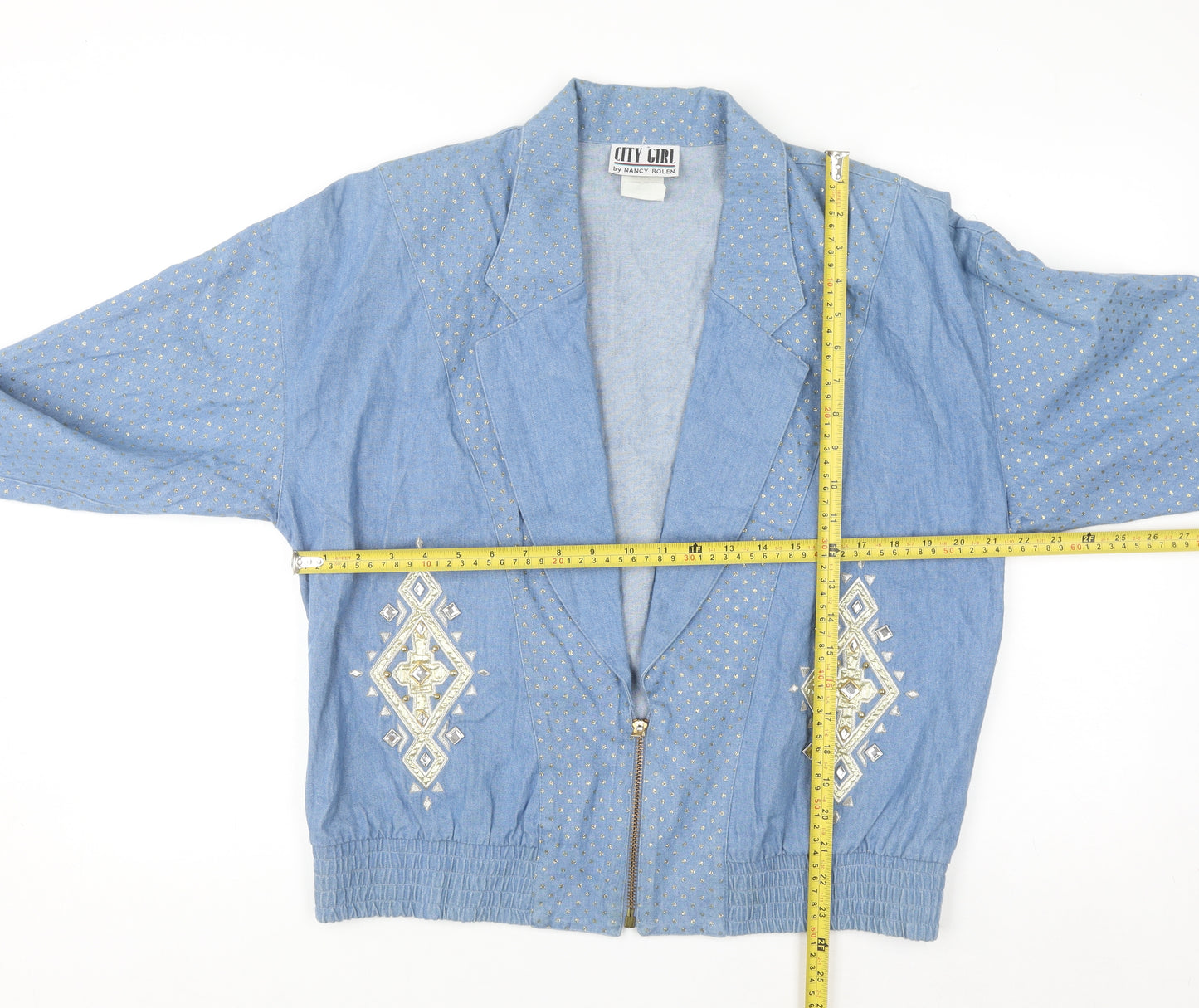 City Girl by Nancy Bolen Women’s Blue Embroidered Cotton Bomber Jacket Size 10