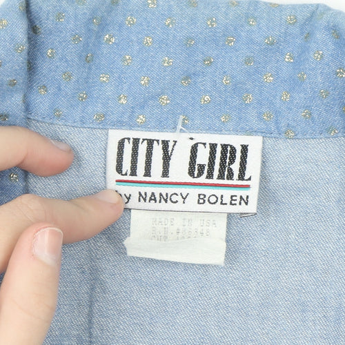 City Girl by Nancy Bolen Women’s Blue Embroidered Cotton Bomber Jacket Size 10