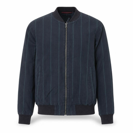 Front view of Bonobos Men's Blue Striped Bomber Jacket, size S, Cotton Twill Zip Casual