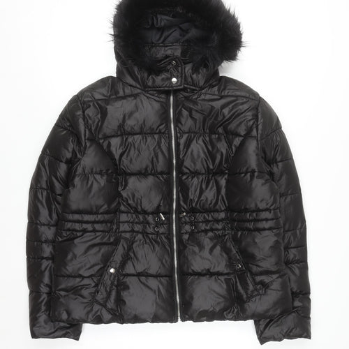 Primark Women Black L Hooded Puffer Jacket Faux Fur Trim Winter Coat