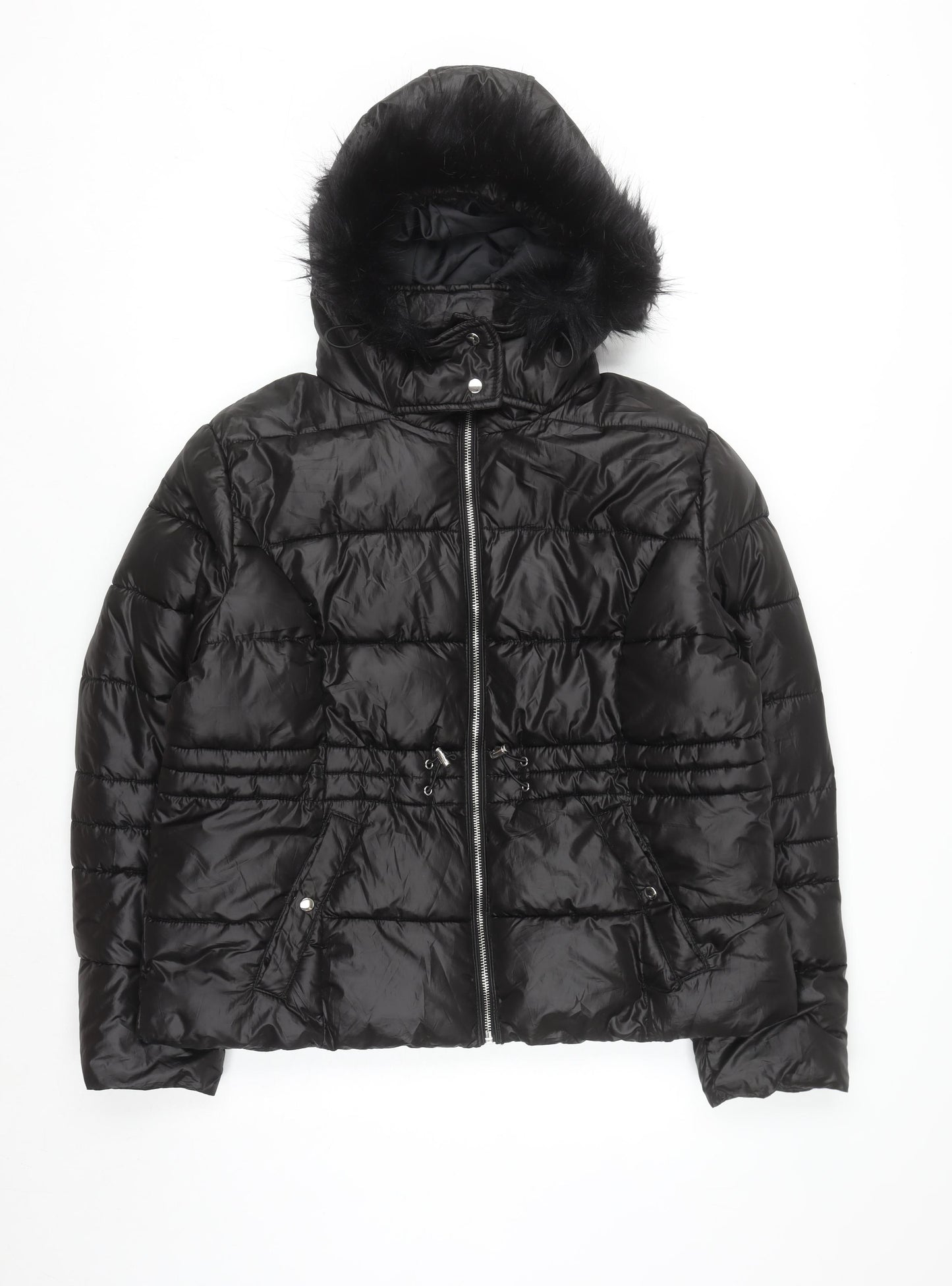 Primark Women Black L Hooded Puffer Jacket Faux Fur Trim Winter Coat