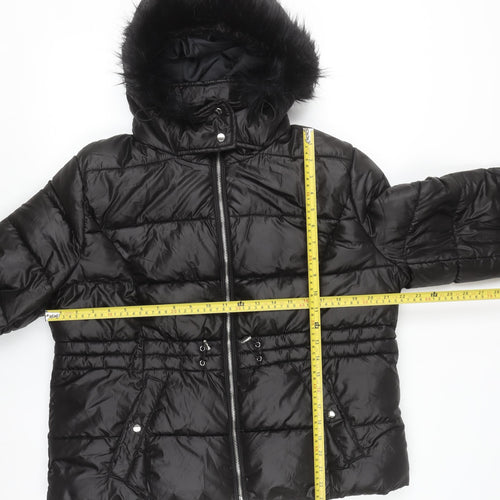 Primark Women Black L Hooded Puffer Jacket Faux Fur Trim Winter Coat
