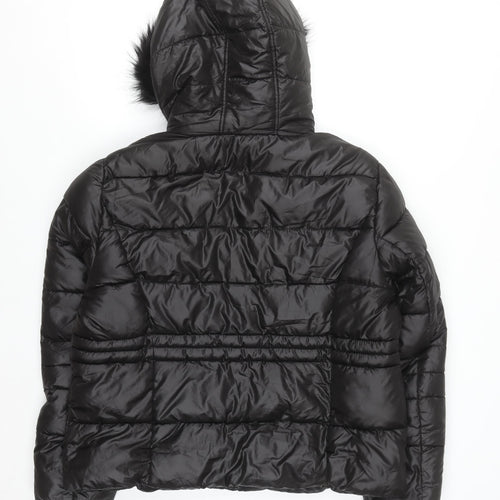 Primark Women Black L Hooded Puffer Jacket Faux Fur Trim Winter Coat