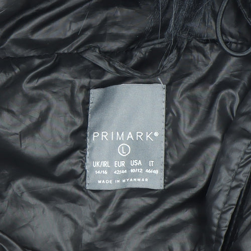 Primark Women Black L Hooded Puffer Jacket Faux Fur Trim Winter Coat