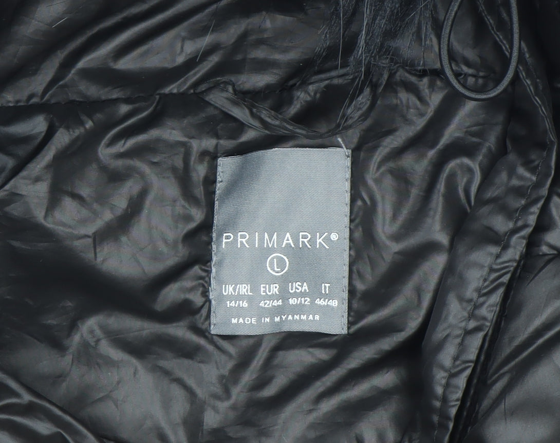 Primark Women Black L Hooded Puffer Jacket Faux Fur Trim Winter Coat