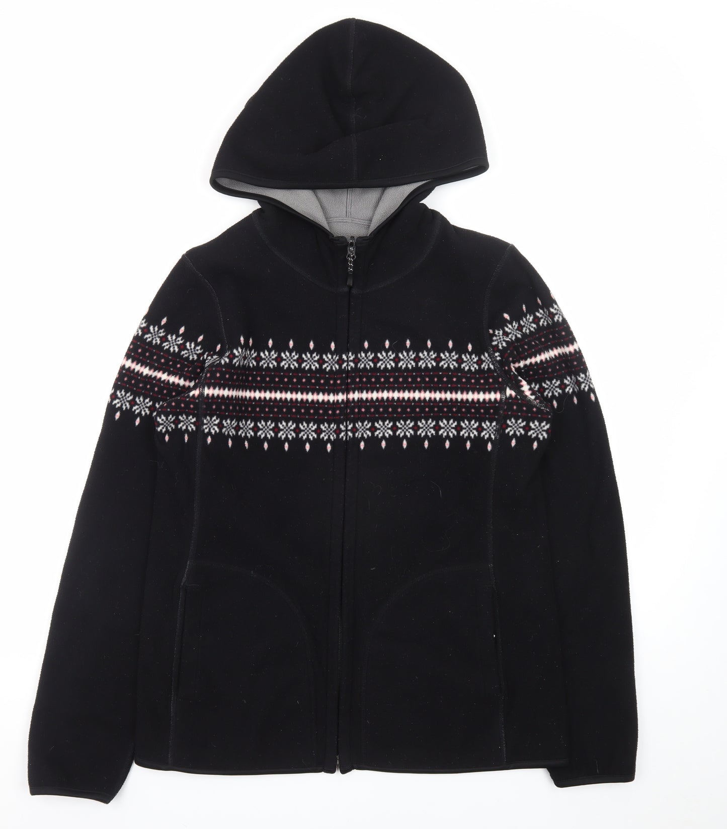 Uniqlo Womens Black Fleece Full Zip Hoodie L Fair Isle Pattern Winter Warm