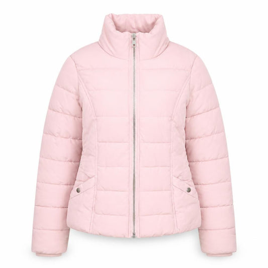 Front view of Miss Selfridge Women's Pink Puffer Jacket UK 8 Lightweight