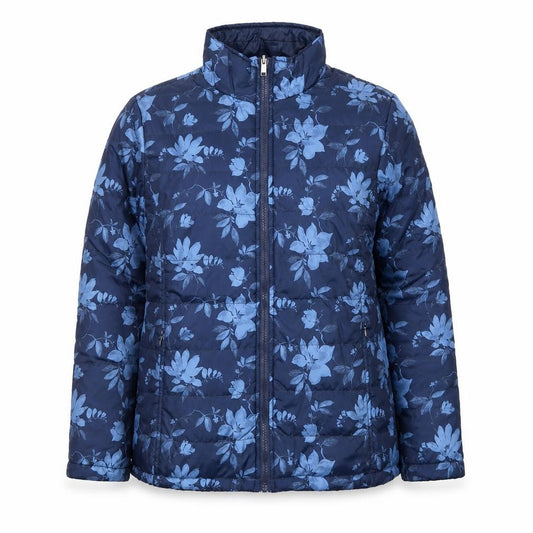 Front view of Atlas For Women Blue Floral Puffer Jacket Women’s UK 12-14 Mid-Length