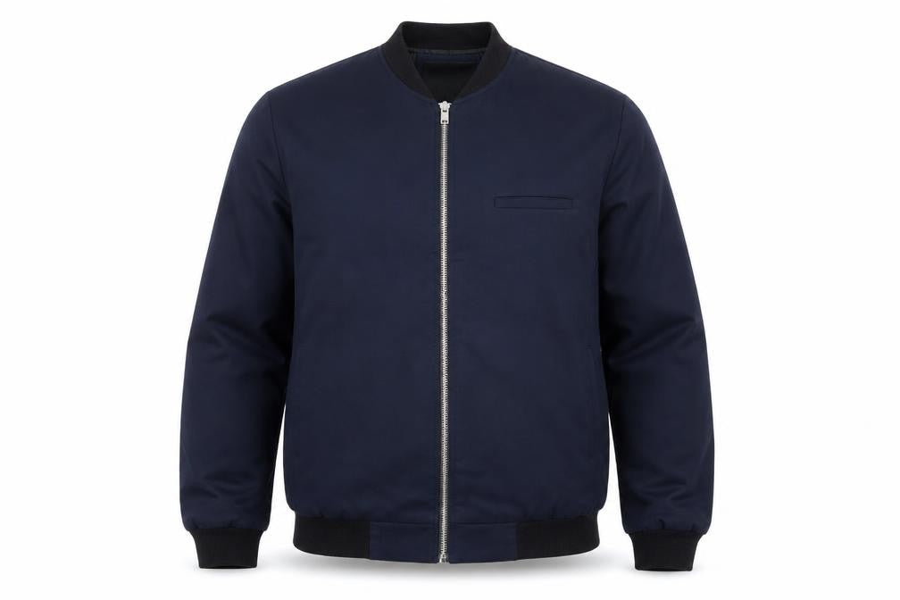 Front view of Villain Men's Blue Bomber Jacket M Regular Fit Full Zip Twill