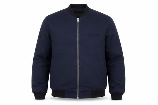 Front view of Villain Men's Blue Bomber Jacket M Regular Fit Full Zip Twill
