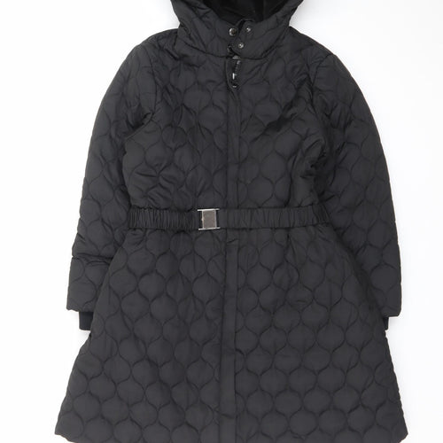 Monsoon Teens Black Quilted Hooded Belted Long Puffer Coat Size 10