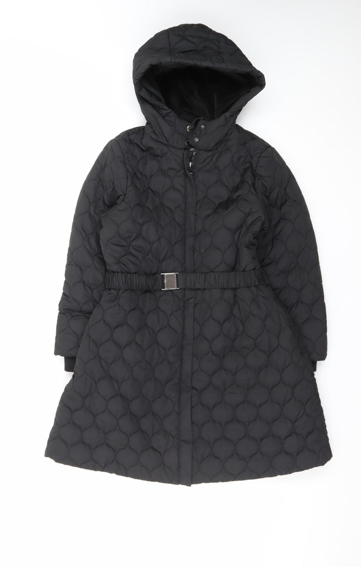 Monsoon Teens Black Quilted Hooded Belted Long Puffer Coat Size 10