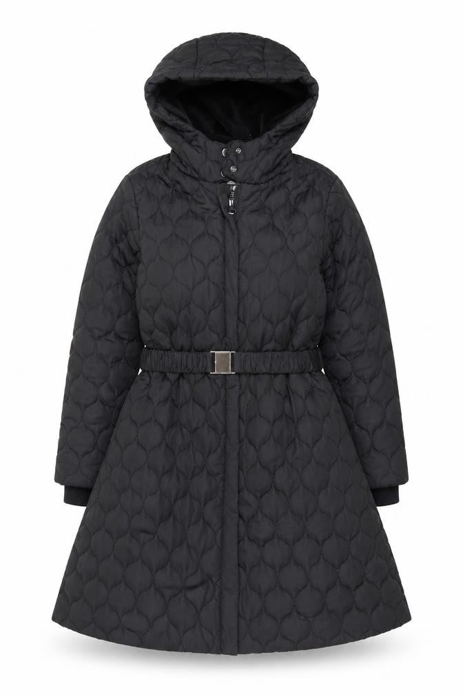 Front view of Monsoon Teens Black Quilted Hooded Belted Long Puffer Coat, size 10