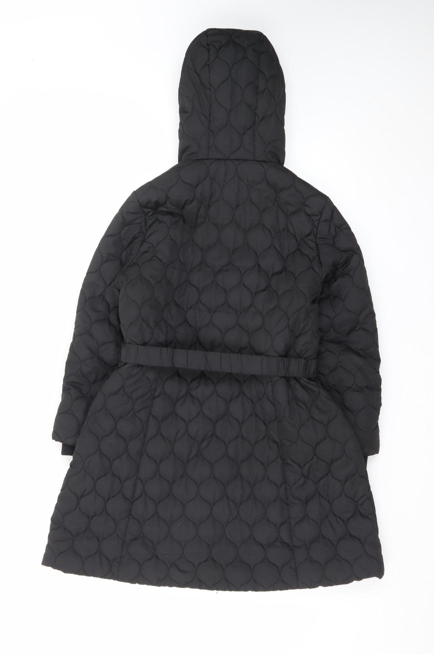 Monsoon Teens Black Quilted Hooded Belted Long Puffer Coat Size 10