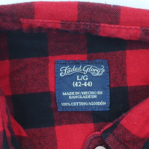 Faded Glory Men's Red Black Check Flannel Long Sleeve Button-Up Shirt L