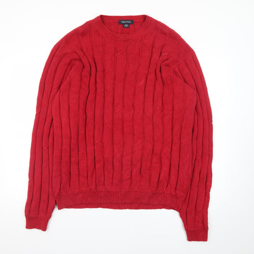 Nautica Men's Red Cotton Cable-Knit Crew Neck Jumper Size L